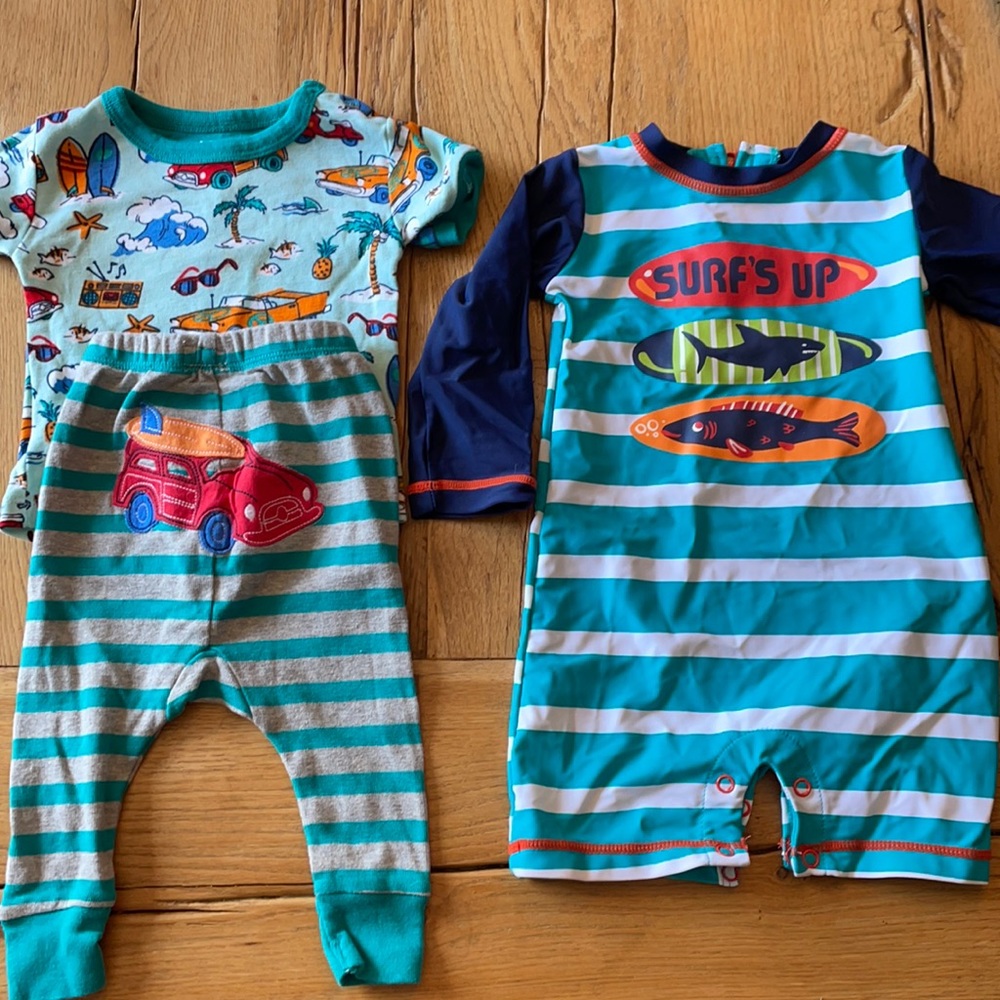 Hatley rash guard and matching pajamas!